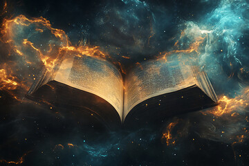 An abstract digital background showcasing an open book lying on a surface, symbolizing divine revelation or God's guidance.