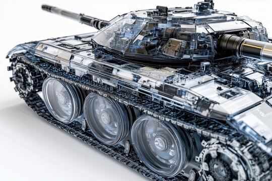 modern semi transparent tank with its engine and transmission visible inside. The tank is set