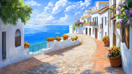 A painting of a street with flowers and potted plants, AI