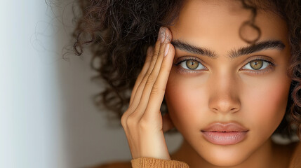 Obraz premium A young woman standing against a white background, her hand gently covering one eye as her face reflects a sense of emotional pain, her expression delicate and her face slightly bl