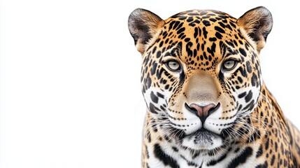 Obraz premium realistic of a jaguar with a focused and commanding expression, positioned on a vivid white