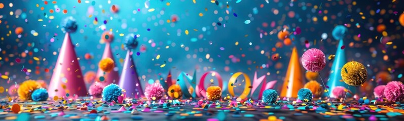 Brightly colored confetti cones and cones are scattered on a table, birthday