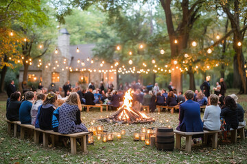 Fototapeta premium Large outdoor gathering with string lights and a campfire in a forested setting