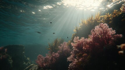   An underwater photo of a sunlit coral reef, with vibrant corals growing on the ocean floor