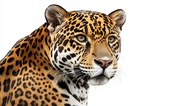 realistic of a jaguar with a focused and commanding expression, positioned on a vivid white