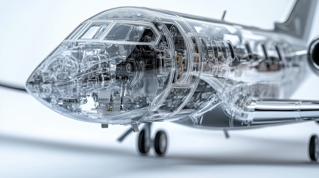 realistic of a modern airplane with semi transparent features, allowing a clear view of the engine