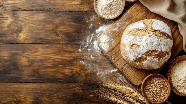 Freshly baked bread amidst wheat ears, flour, and grains.