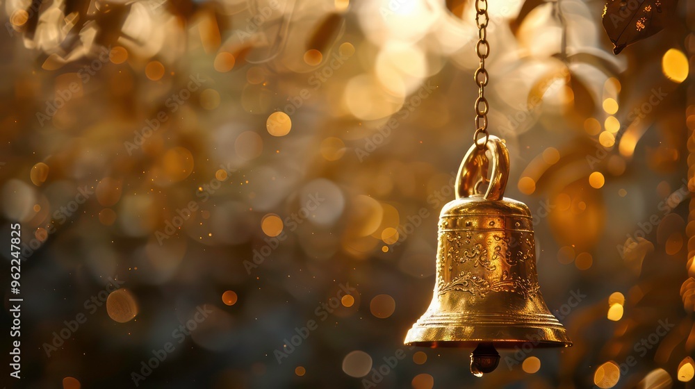 Poster a golden bell hangs from a chain in front of a bokeh background.