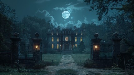 Nighttime scene of a creepy mansion with a full moon