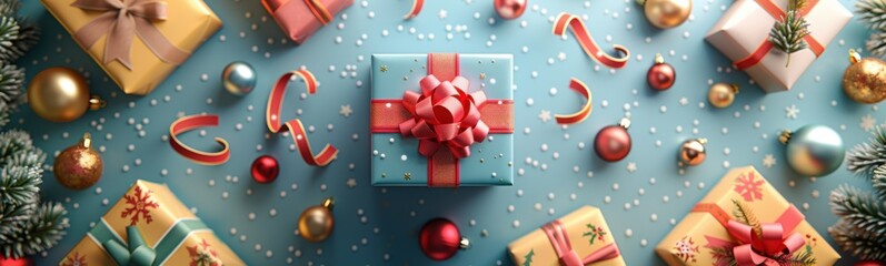 Christmas presents on a blue surface with red bows