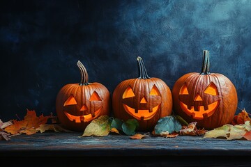 Spooky halloween pumpkins in forest. Scary halloween background with free space for text. Jack-o-lantern on a wooden table
