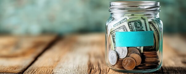 A glass jar filled with coins and dollar bills on a wooden table, symbolizing savings and financial growth.