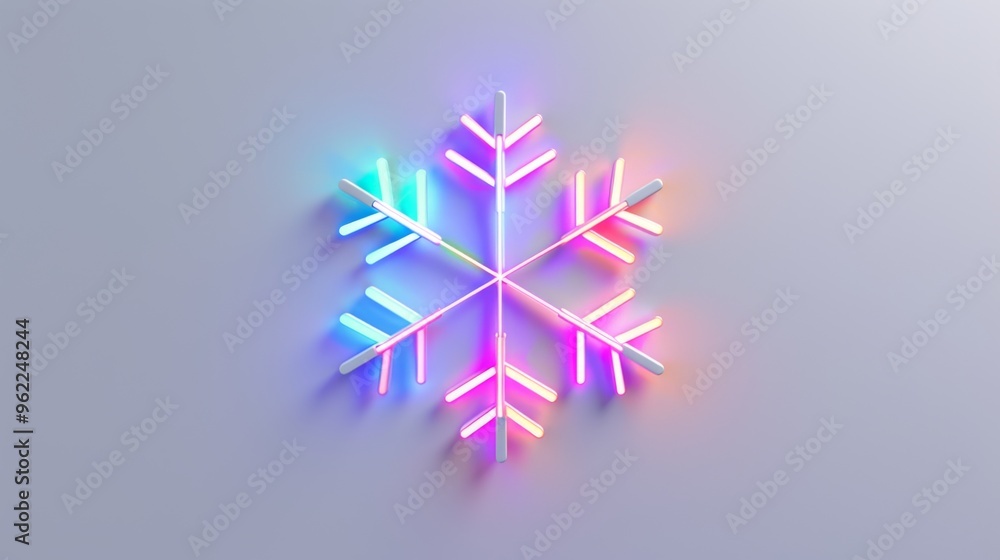 Poster a neon snowflake wall decoration with vibrant multicolored lights, creating a dynamic and festive am