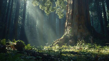  A solitary tree, standing tall amidst the dense woods, bathed in sunlight filtering through its branches and casting shadows onto the carpet of foliage below