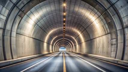 Obraz premium Concrete underground road tunnel with subdued lighting with an exit to the sea