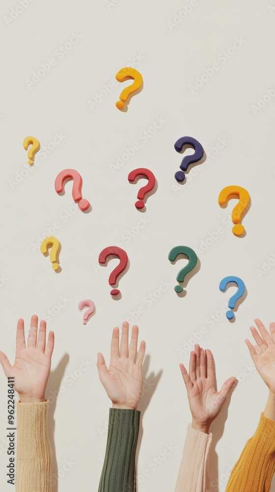 Poster group of diverse hands reaching towards colorful question marks. concept of diversity and inquiry.
