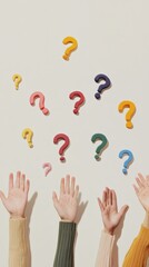 Group of diverse hands reaching towards colorful question marks. Concept of diversity and inquiry.