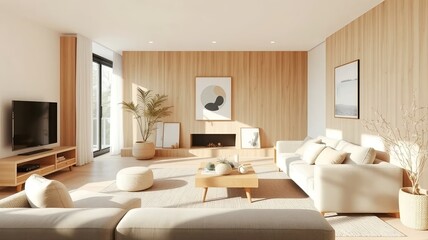Fototapeta premium Minimalist living room interior design with neutral tones, wood paneling, modern furniture, and natural light.