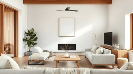 Minimalist living room interior design with neutral tones, wood paneling, modern furniture, and natural light.