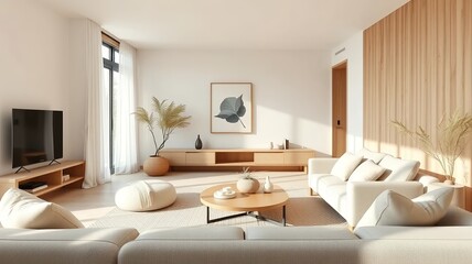 Minimalist living room interior design with neutral tones, wood paneling, modern furniture, and natural light.