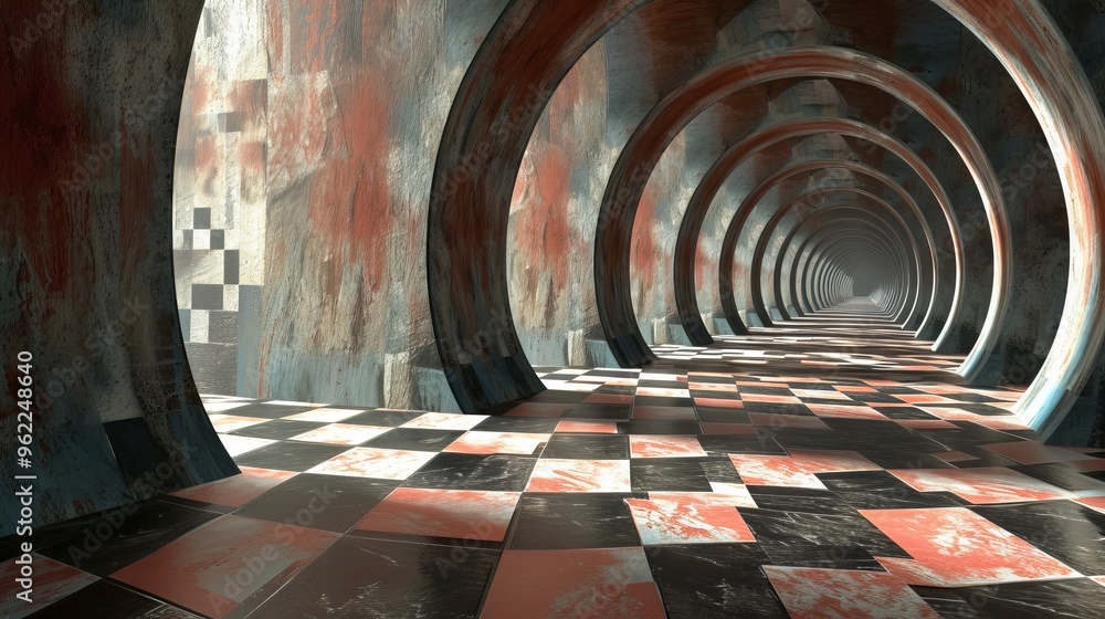 Poster a visually captivating tunnel with rusty, textured walls and concentric circular arches. the checker