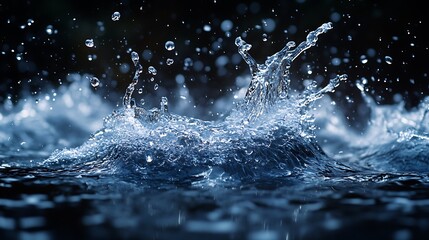 Water droplets splash and create a crown-like formation, with a dark background.