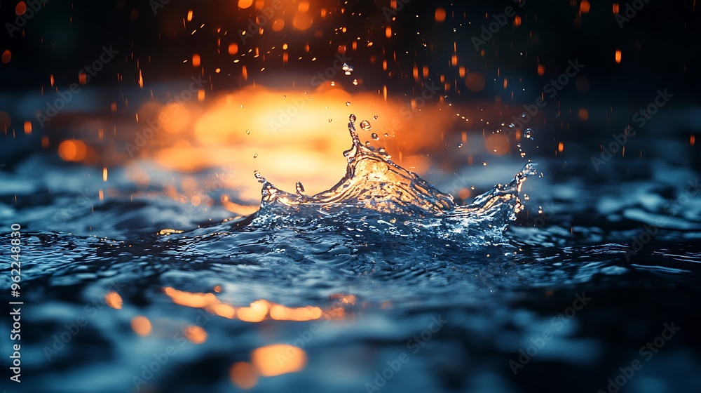 Poster a water droplet splashing in a pool of water, creating a crown-shaped splash with a blurred bokeh ba