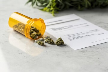 Medical cannabis capsules spilling from a container with copyspace, prescription form nearby.