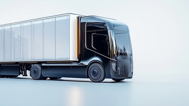realistic of a modern electric truck with semi transparent panels, positioned on a vivid white