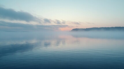 Fototapeta premium A body of water with trees in the distance, a few clouds in the sky over it and a boat in the foreground