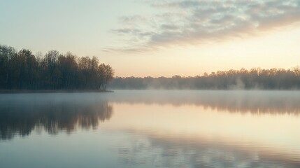 Fototapeta premium A serene landscape featuring a water body surrounded by lush foliage and scattered cloud formations overhead