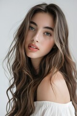 Naklejka premium Beautiful woman with long wavy hair looking at camera