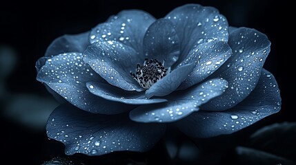 A single blue rose with water droplets on its petals.