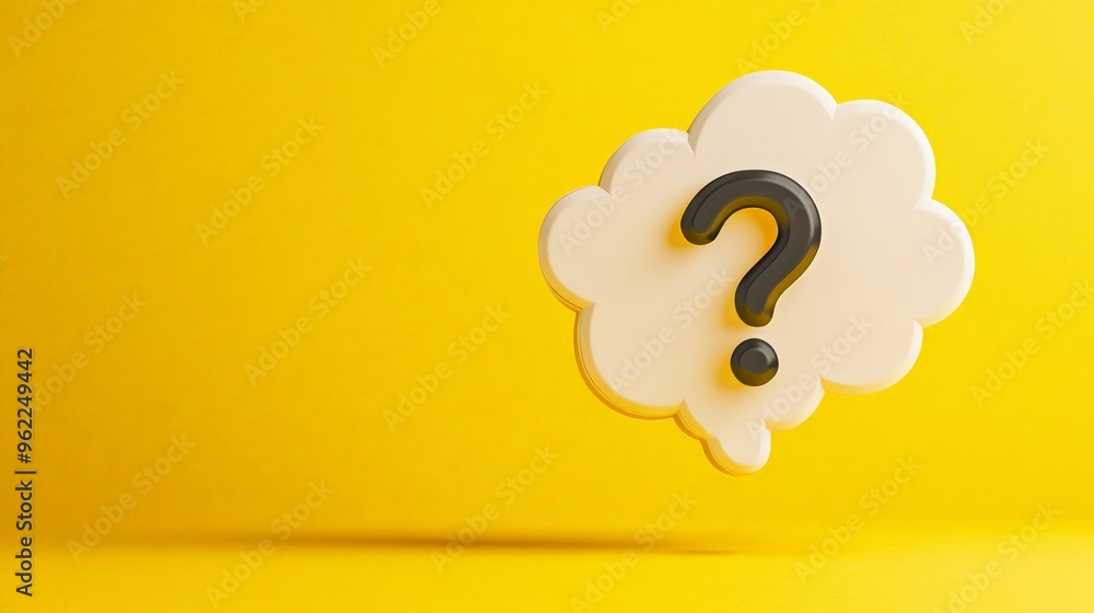 Poster 3d question mark thought bubble against a bright yellow backdrop representing inquiry and creativity
