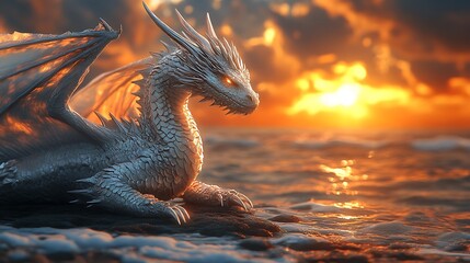 A majestic white dragon perched on a rocky outcropping, gazing out at a fiery sunset over the ocean.