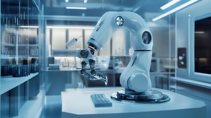 A robotic arm with a futuristic design sits on a white table in a laboratory.
