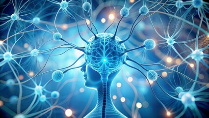 Intricate drawing of nervous system components mood serene color soft blue style minimalist