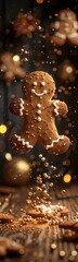 Gingerbread flying through the air with snow on it