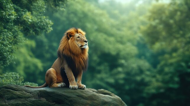 A lion sitting on a rock in the woods with trees behind it, AI