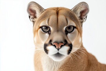 sleek puma with its intense gaze and smooth fur, set against a clean, bright white background. The