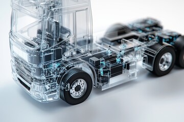 sleek, semi transparent modern electric truck with a detailed design, set against a clean, bright