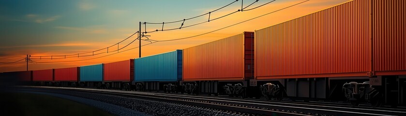 Fototapeta premium Silhouette of a freight train carrying containers at dusk, with network connections above, silhouette freight train, supply chain transportation