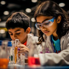 A group of children work together in a science lab, engaging in hands-on experiments and collaborative learning.