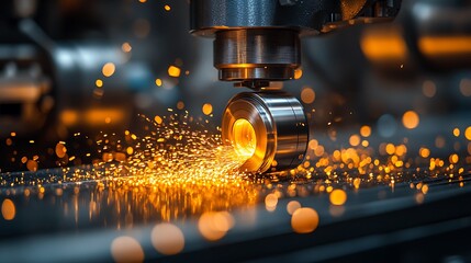 Closeup of a CNC machine cutting metal, sparks flying.