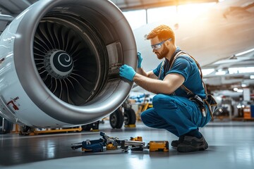 Aviation mechanic working on a jet engine with copyspace, tools scattered around.