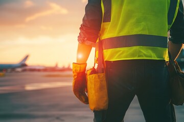 Aviation crew preparing for takeoff with copyspace, safety equipment in hand.