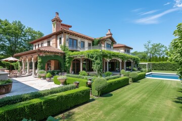 Fototapeta premium A large house with a pool and a garden, generative ai image
