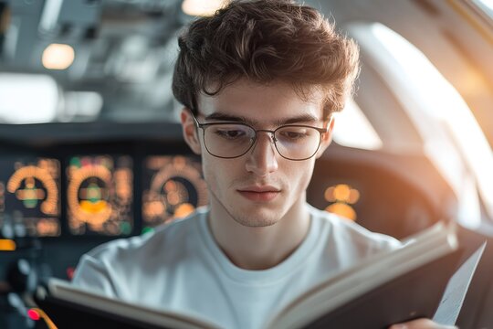 Aviation student studying flight manuals with copyspace, simulation controls nearby.