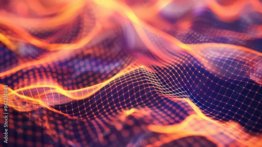 Poster abstract digital wave background with glowing orange and red lines.
