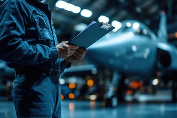 Aviation technician performing pre-flight checks with copyspace, clipboard in hand.